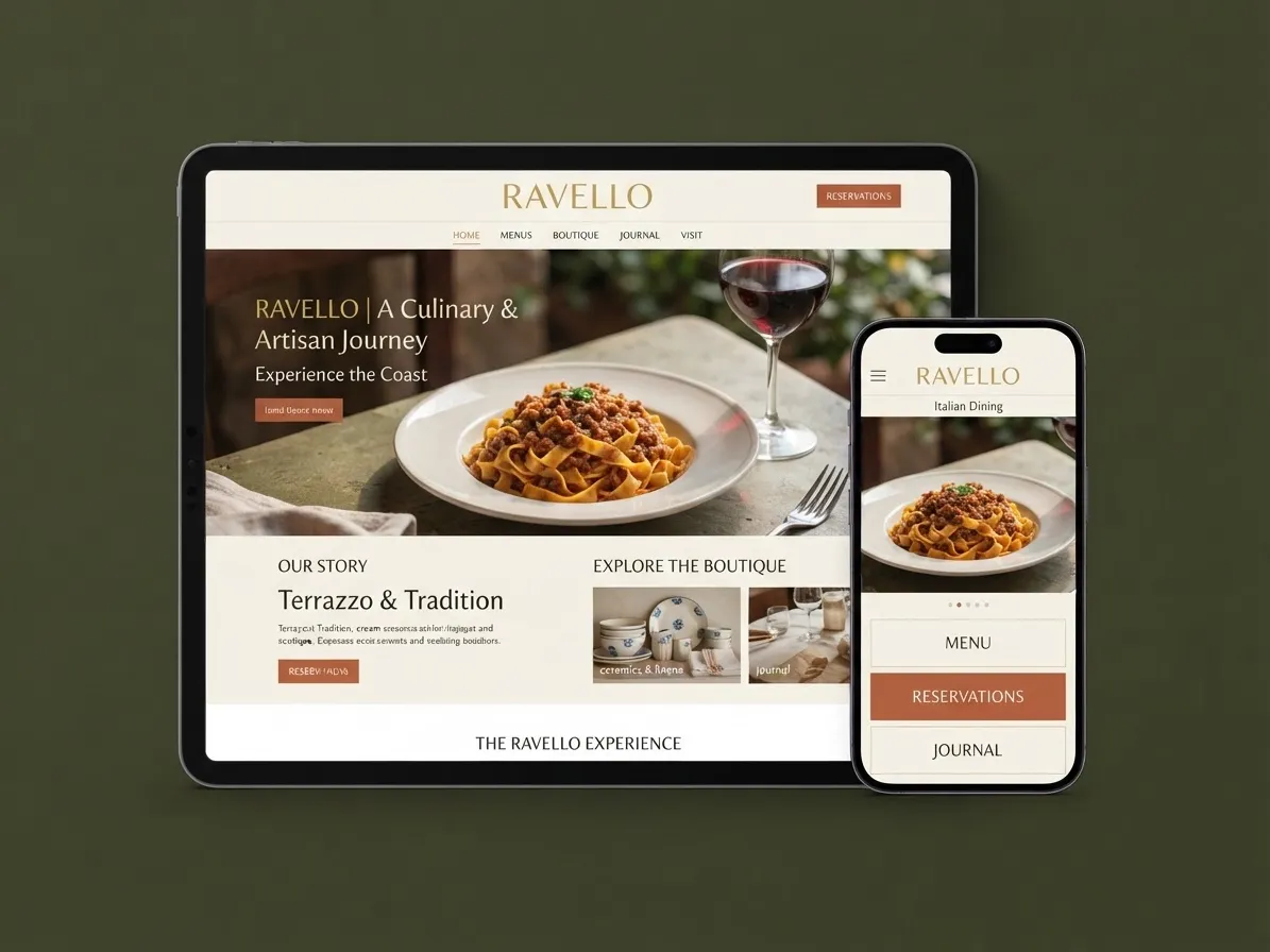 Sitio institucional de Ravello, del sector de gastronomía, en una tablet y en un celular