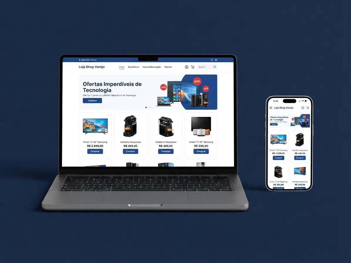 Tienda online de Loja Shop Varejo abierta en una laptop y en un celular