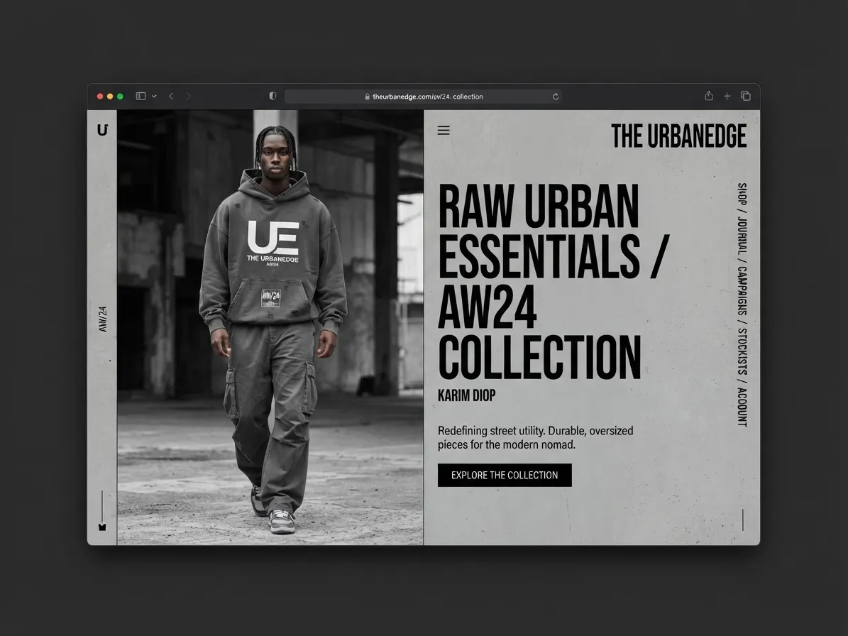 Tienda online de The UrbanEdge, marca de moda streetwear, en una ventana de navegador